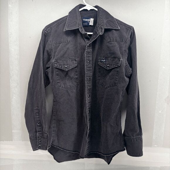 VTG Wrangler Heavy Denim Pearl Snap Work Western Rockabilly Faded Shirt Med Gray - Picture 1 of 6
